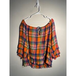NWT Lauren Ralph Lauren Orange Plaid Peasant Blouse Size Medium Boho Western